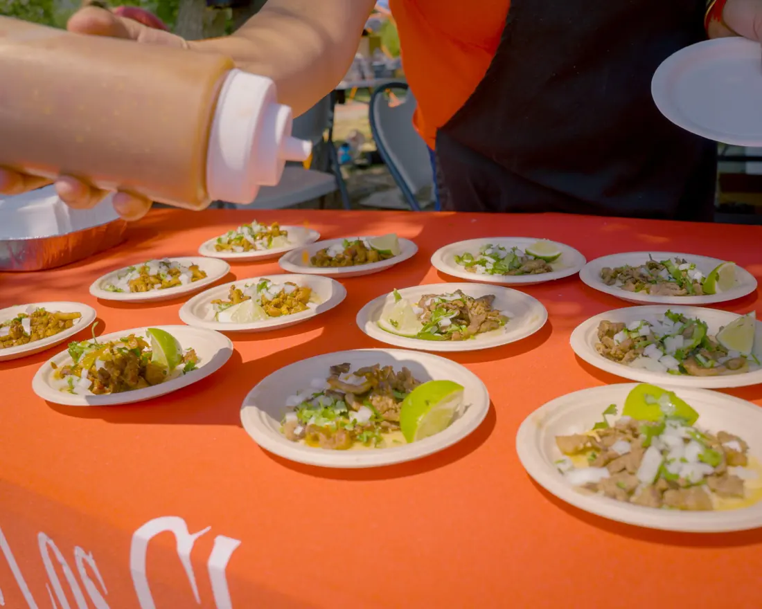 Rows of fresh tacos ready to serve